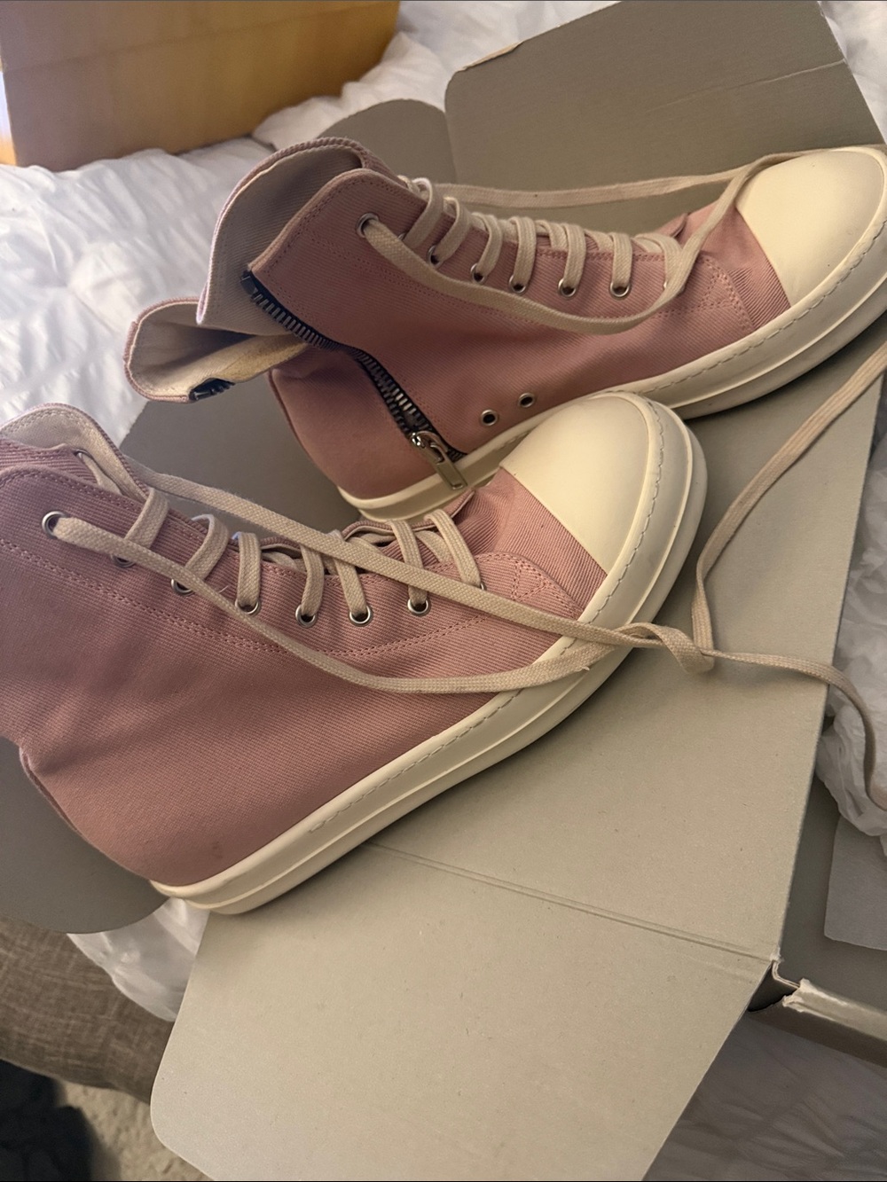Rick Owens Pink High-Top Canvas Sneakers with Cream Toe